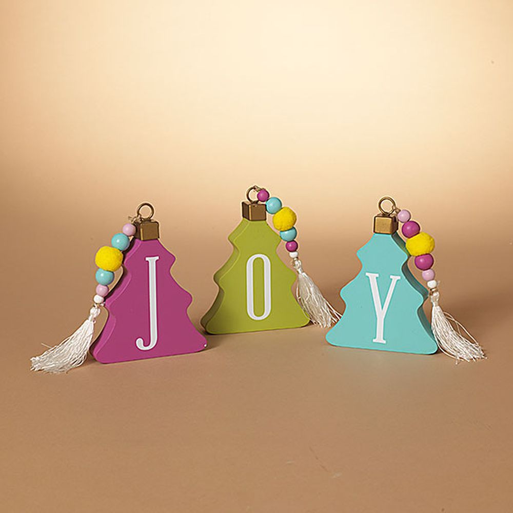 Gerson Set of 3 Wood Holiday "Joy" Tree Block with Beads & Pom Pom Accent