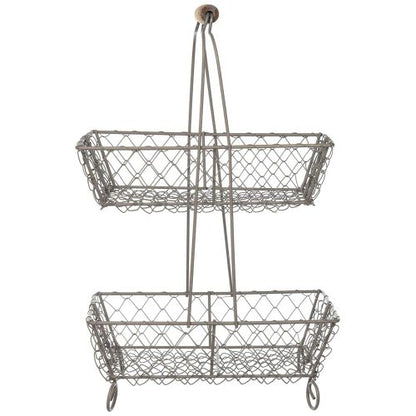 Your Heart's Delight Wire Basket - Two Tiered, Wooden Handle, Wood