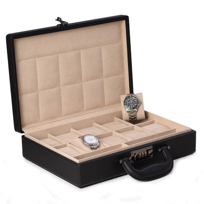 Black Ten Watch Storage Box w/ Handle & Combination Lock