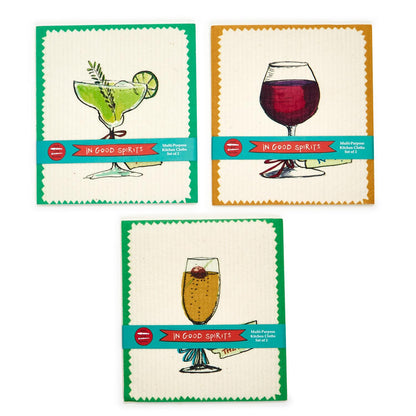 Two's Company In Good Spirits Set of 6 Multipurpose Kitchen Cloth, Asst 3 Designs
