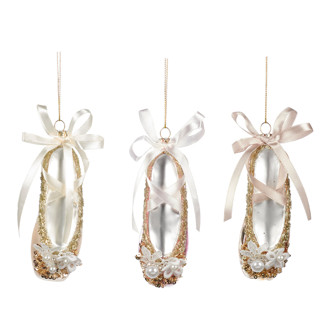 Goodwill Glass/Lace Ballet Slipper Ornament Pink/Gold 12Cm, Set Of 3, Assortment
