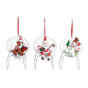Clay Metal Santa/Snowman Chair Ornament White 13.5Cm, Set Of 3, Assortment