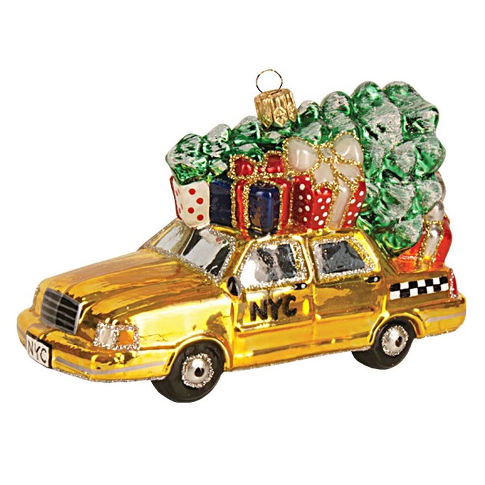 The Whitehurst Company Taxi Cab with Tree 5" Ornament, Glass Blown Holiday Decor