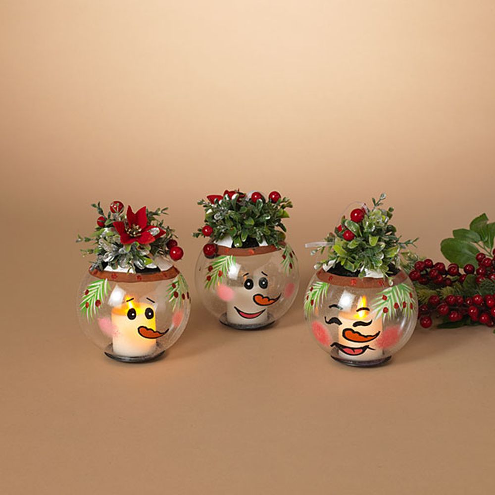 Gerson Set of 3 6.5" B/O Lighted Snowman Glass Ornaments W/ Floral Accent