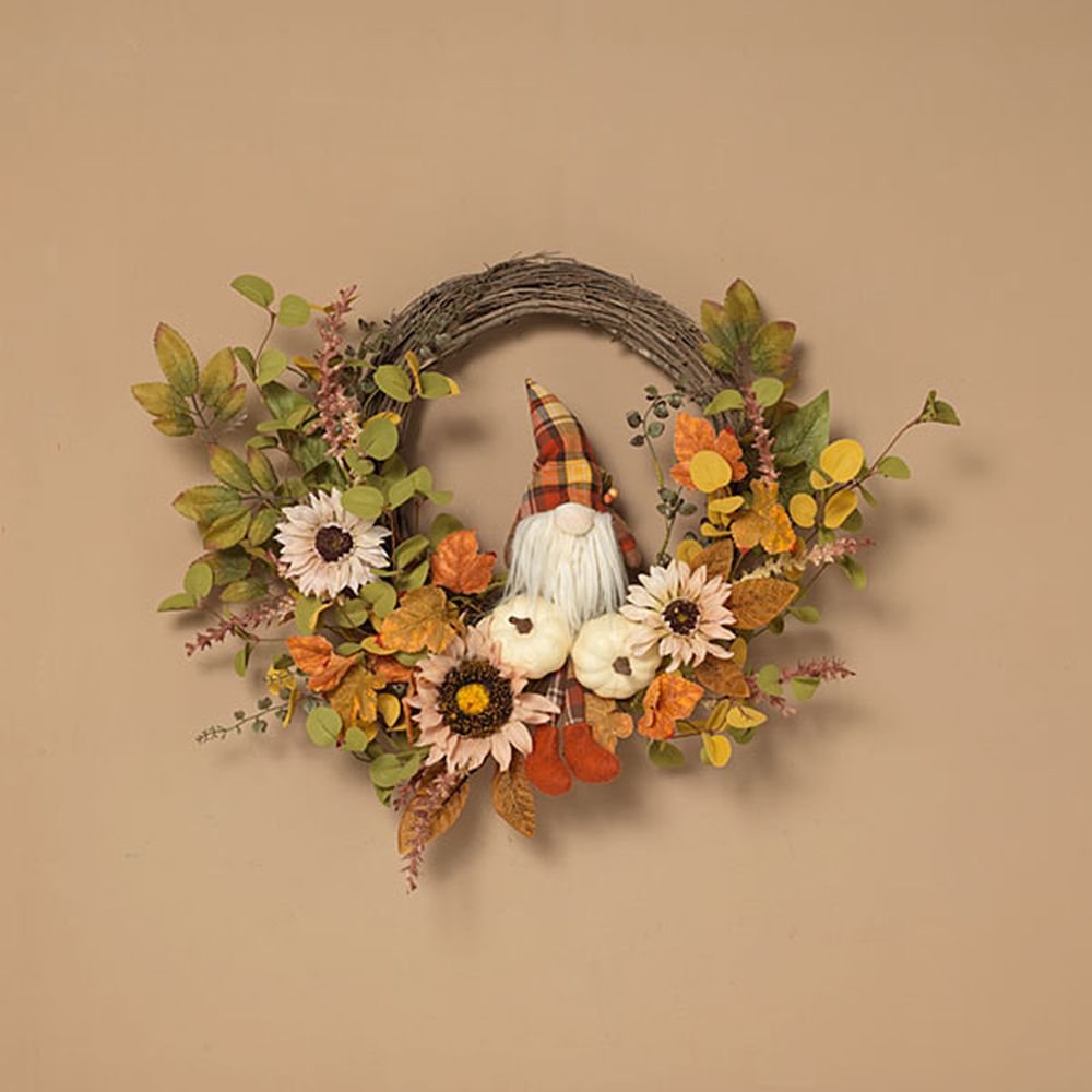 Gerson Company 24" Harvest Wreath with Fabric Gnome Shelf Sitter & Pumpkins