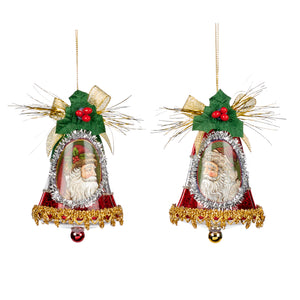 Glass Tinsel Santa Bell Ornament Gold/Red/Green 9Cm, Set Of 2, Assortment