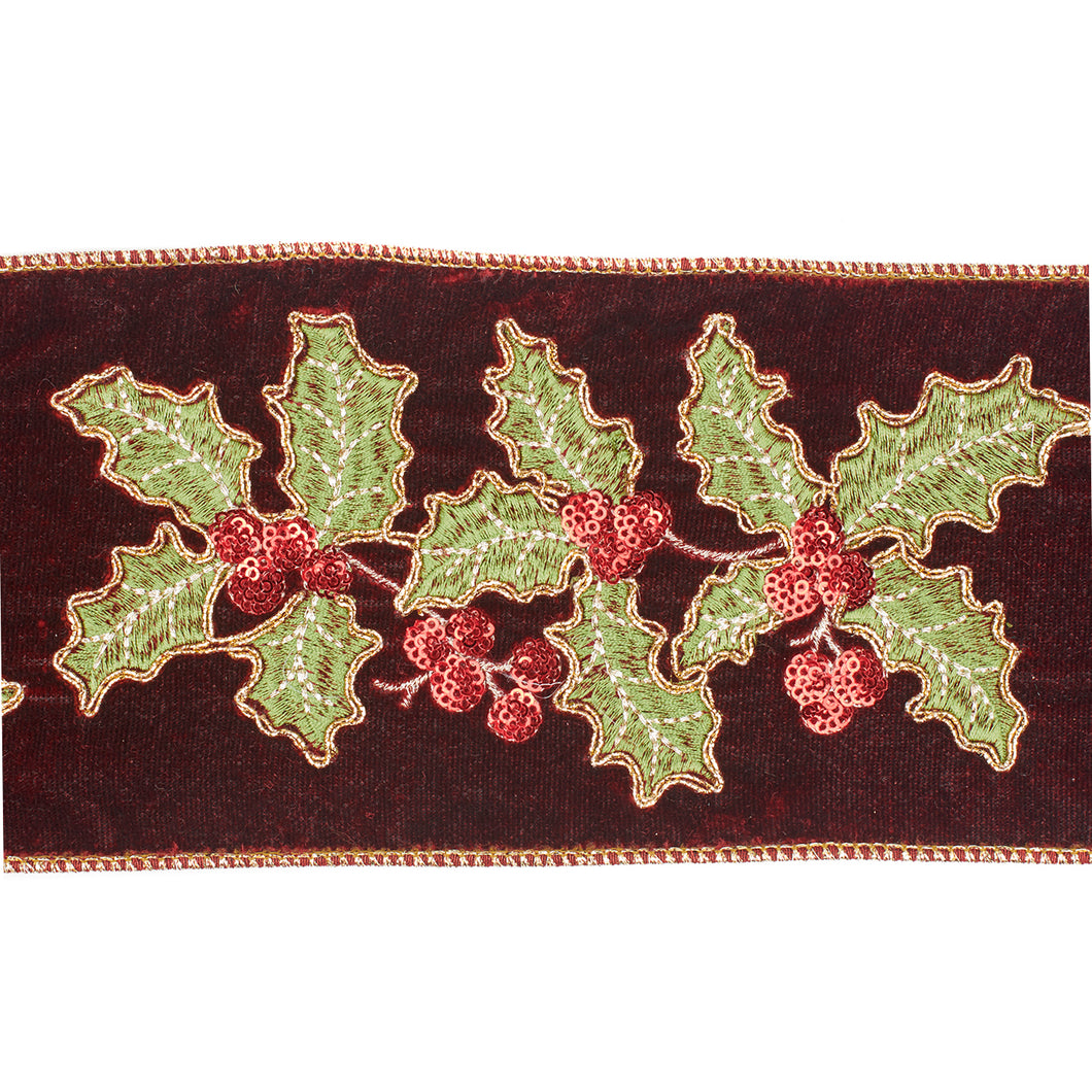Goodwill Velvet Holly Embroidered Ribbon Burgundy/Green 10Cm/5 Yards