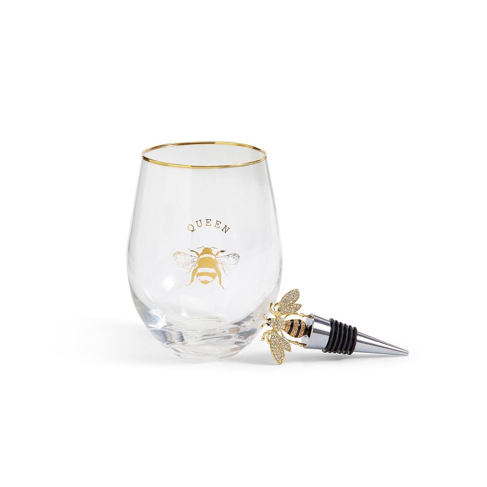 Two's Company Bee Stemless Wine Glass & Wine Stopper