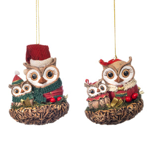 Woodland Christmas Owls In Nest Ornament Red 11.5Cm, Set Of 2, Assortment