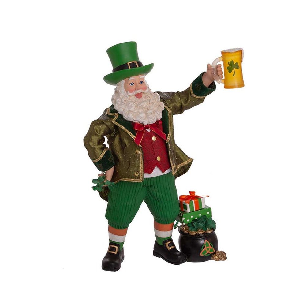 Kurt Adler 12" Fabriche Musical Irish Santa Holding a Beer Mug Figurine, Green