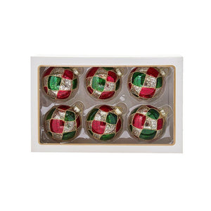 Kurt Adler 80MM Red, Green & Silver Checker Glass Ball Ornaments, 6-Piece Set