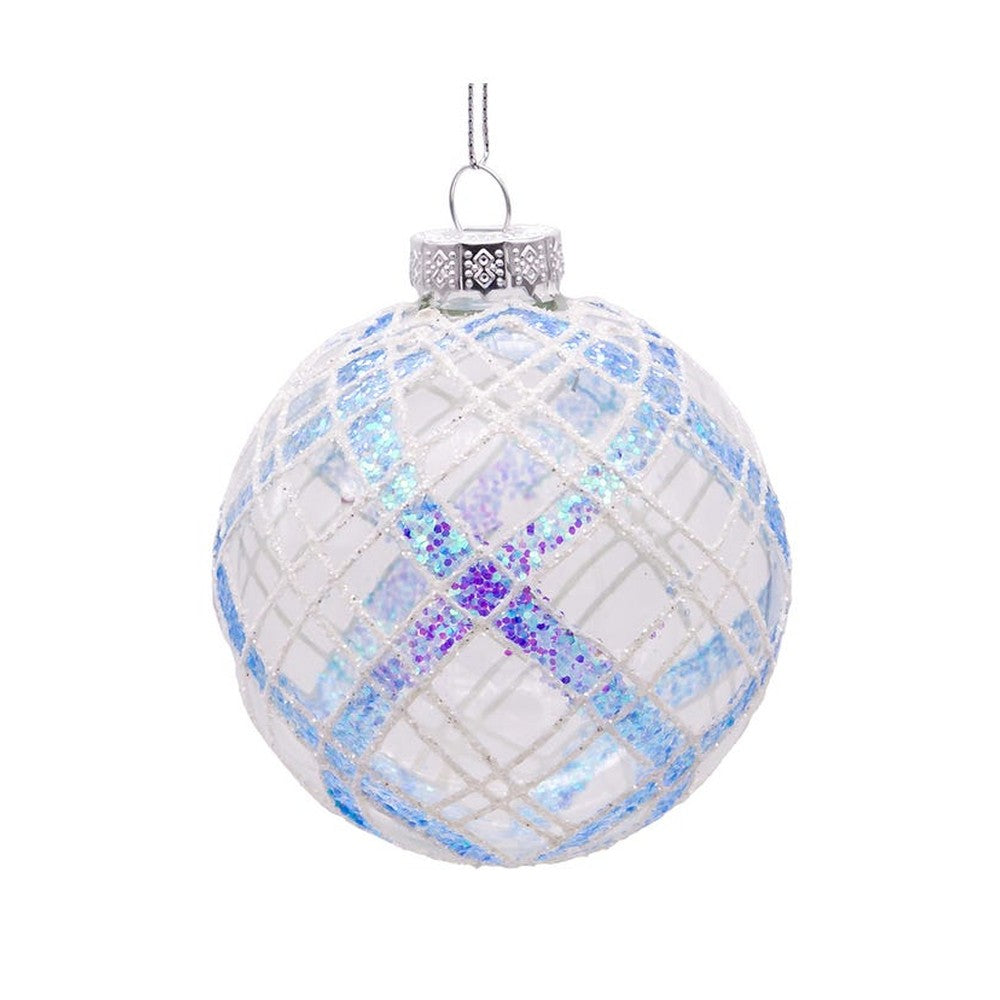 Kurt Adler 80MM Plaid Light Blue/Clear Glass Ball Ornaments, 6-Piece