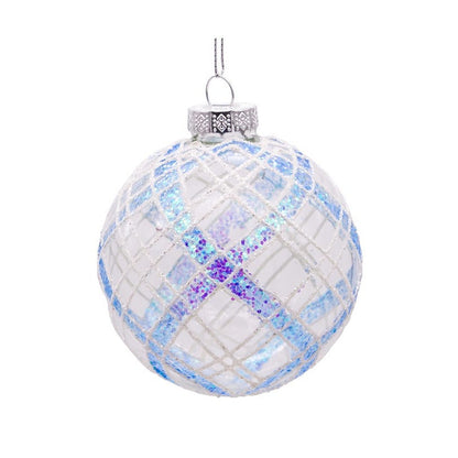 Kurt Adler 80MM Plaid Light Blue/Clear Glass Ball Ornaments, 6-Piece