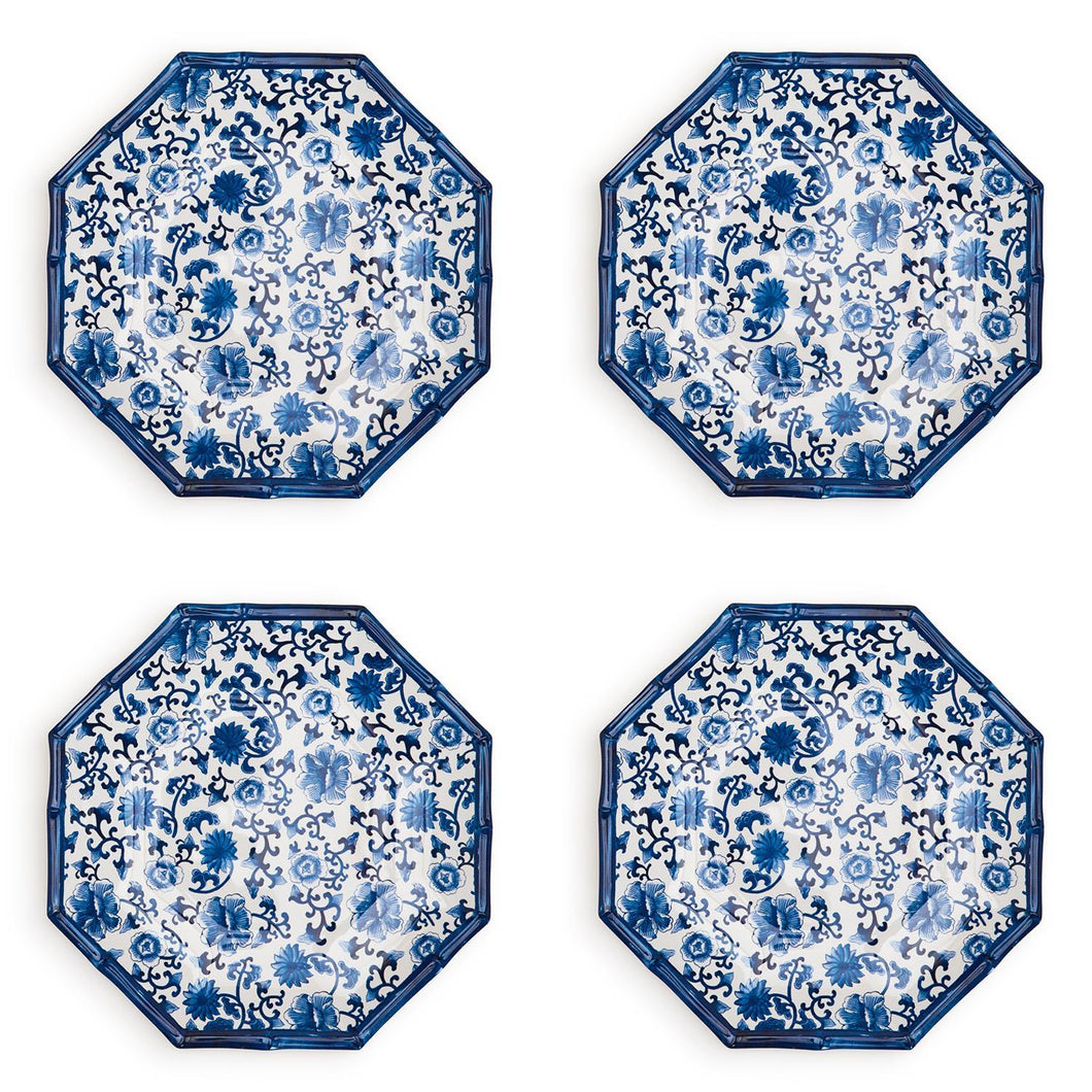 Two's Company Set Of 4 Chinoiserie Touch Octagonal Dinner Plate With Bamboo Rim.