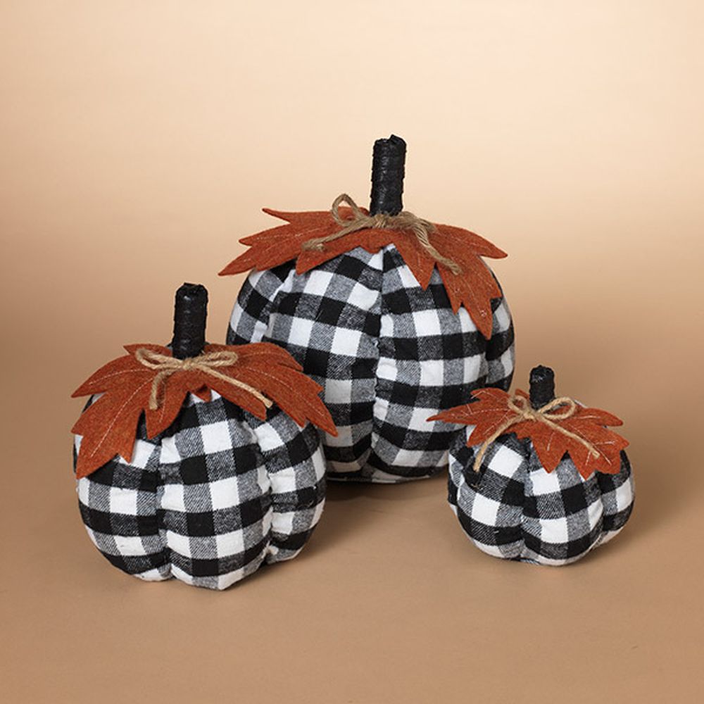Gerson Company Set of 3 Fabric Plaid Harvest Pumpkin with Colorful Leaf