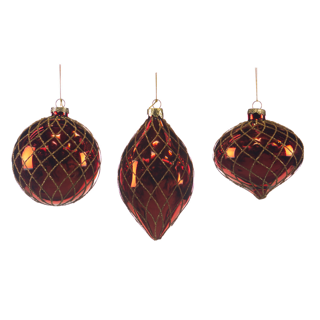 Glass Glittered Net Ball/Finial Ornament Red/Gold 10Cm, Set Of 3, Assortment