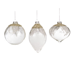 Glass Glittered/Sequin Leaf Top Ball/Finial Ornament Gold, Set/3, Assortment