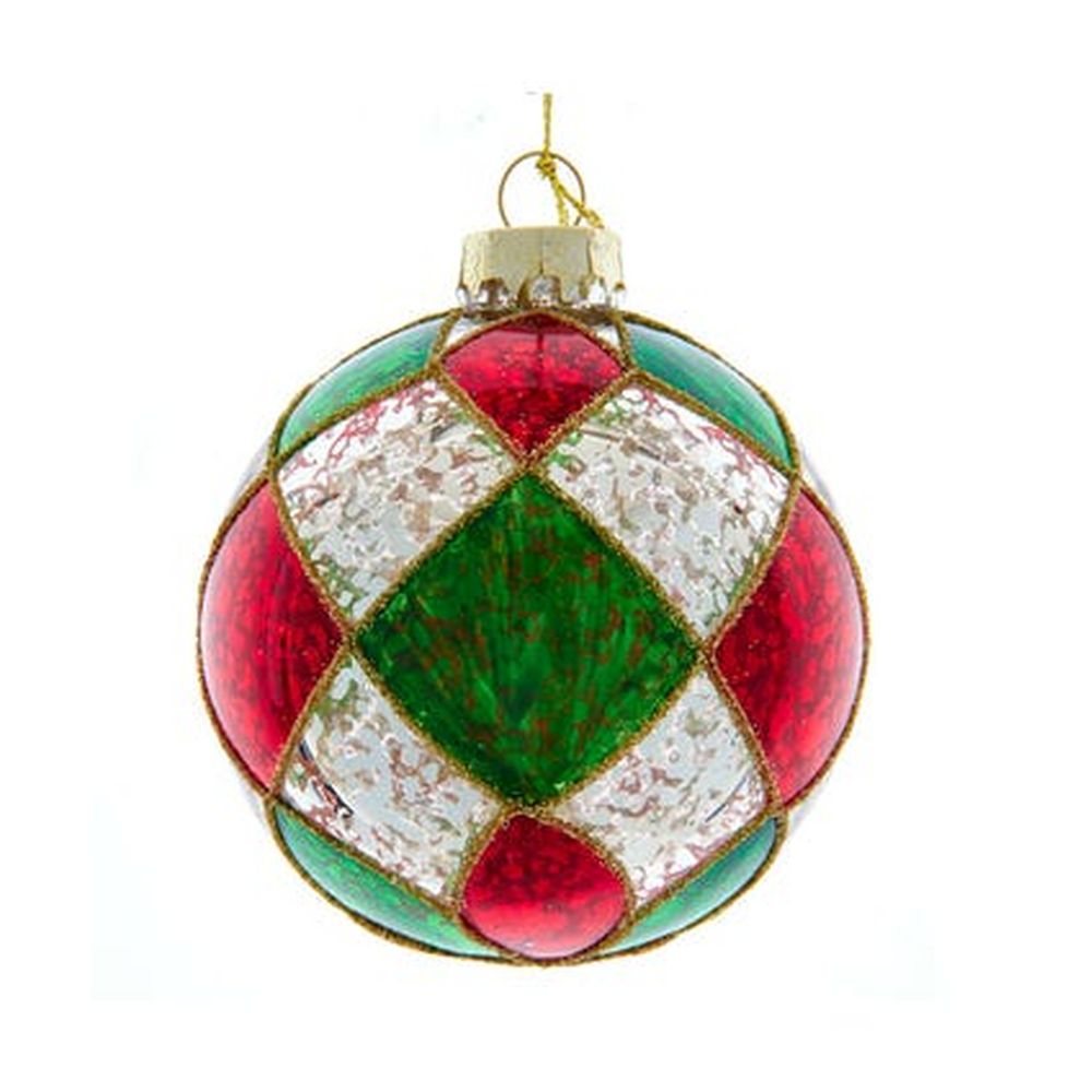 Kurt Adler 80MM Red, Green & Silver Checker Glass Ball Ornaments, 6-Piece Set