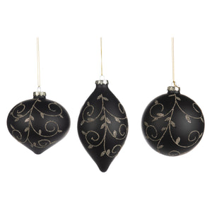 Glass Glittered Swirl Vine Ball/Finial Ornament Black 10Cm, Set Of 3, Assortment