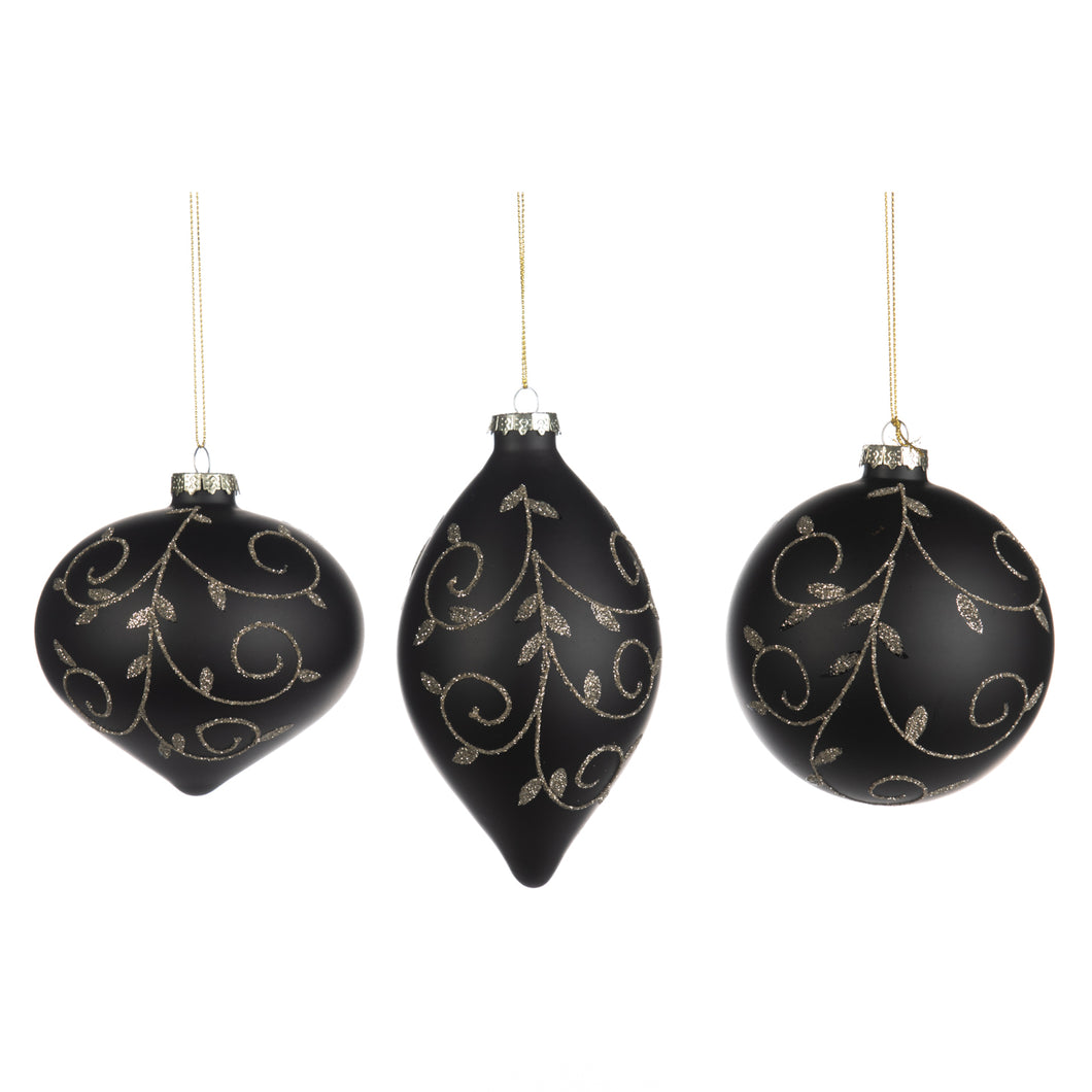 Glass Glittered Swirl Vine Ball/Finial Ornament Black 10Cm, Set Of 3, Assortment