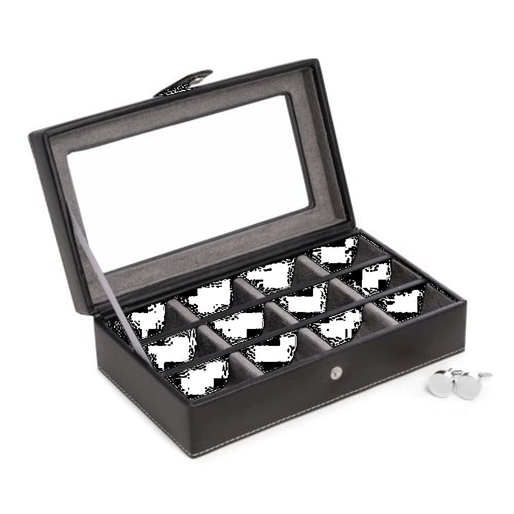 Black Leather 12 Cufflink Box With Glass Top, Velour Lined