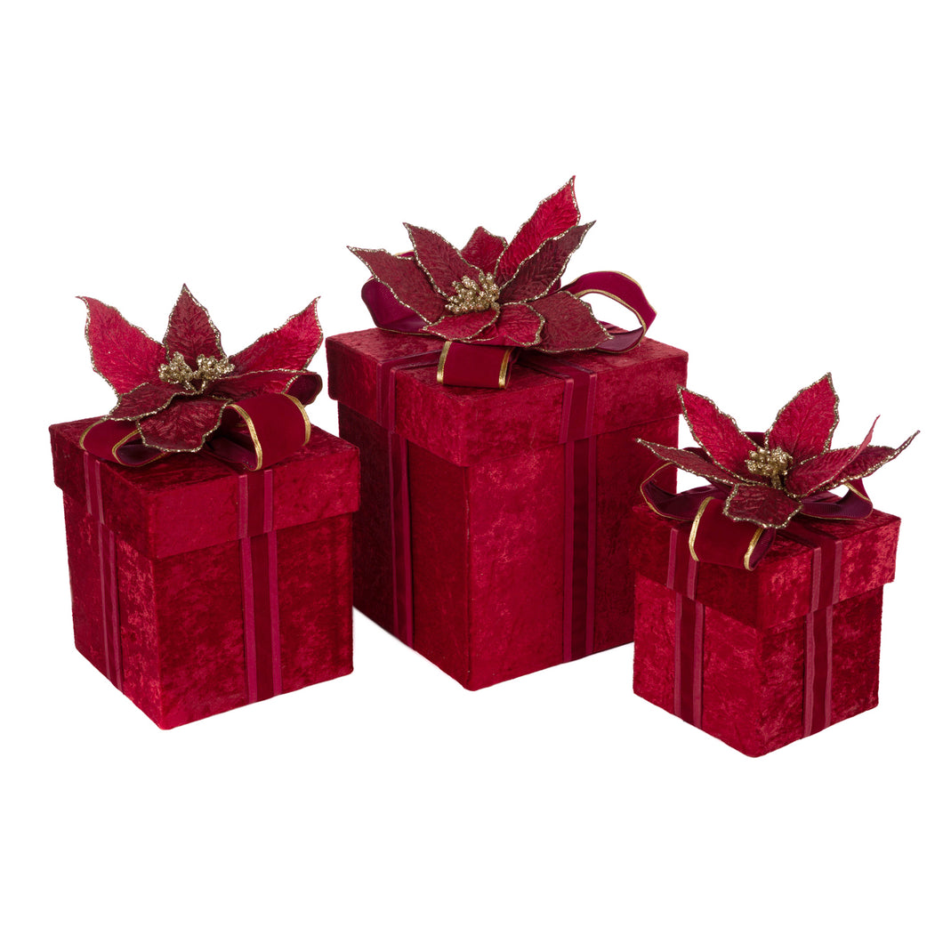 Goodwill Velvet Poinsettia Gift Box Two-tone Red 25.5Cm, Set Of 3