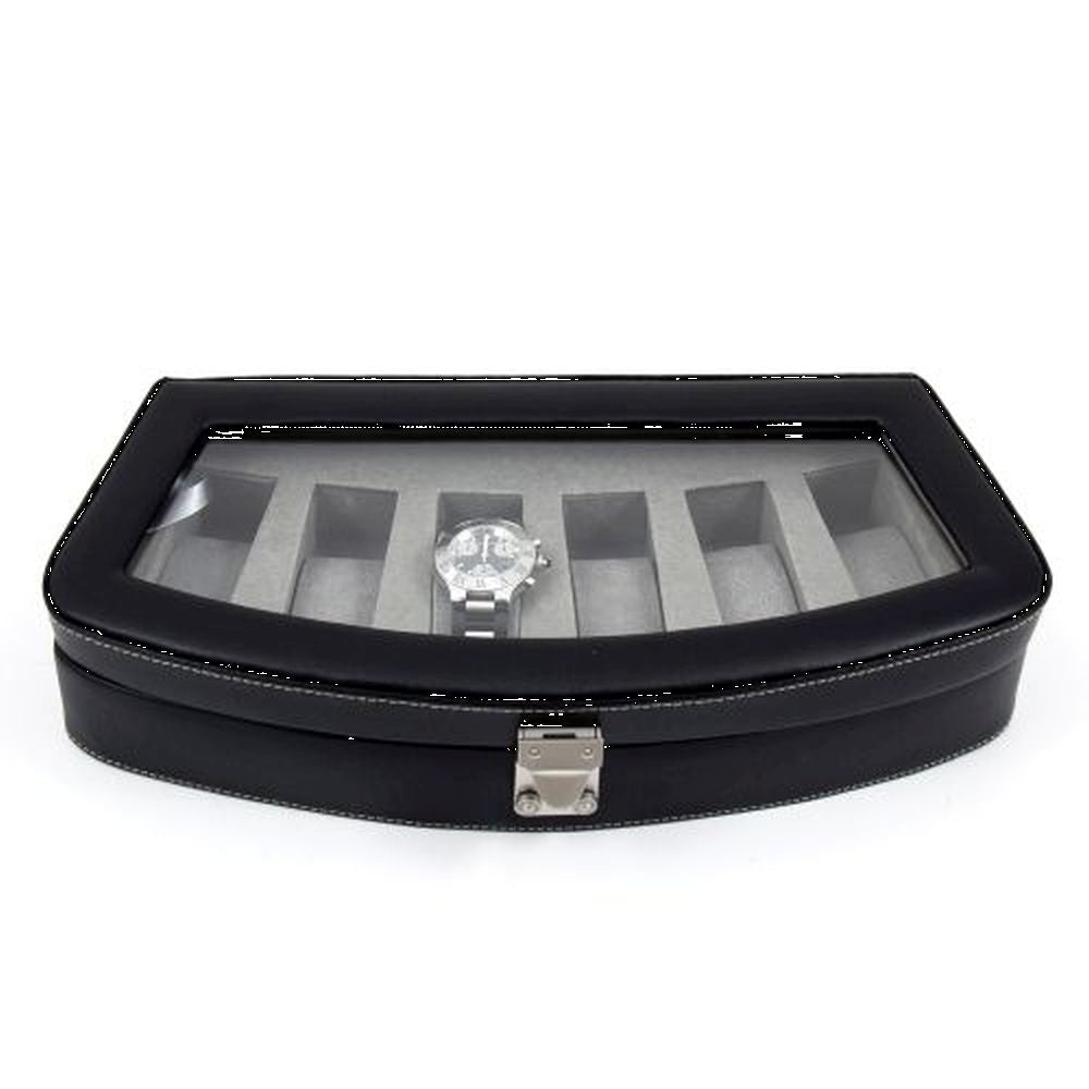 Black Leather 6 Watch Case With Glass Top & Locking Clasp.