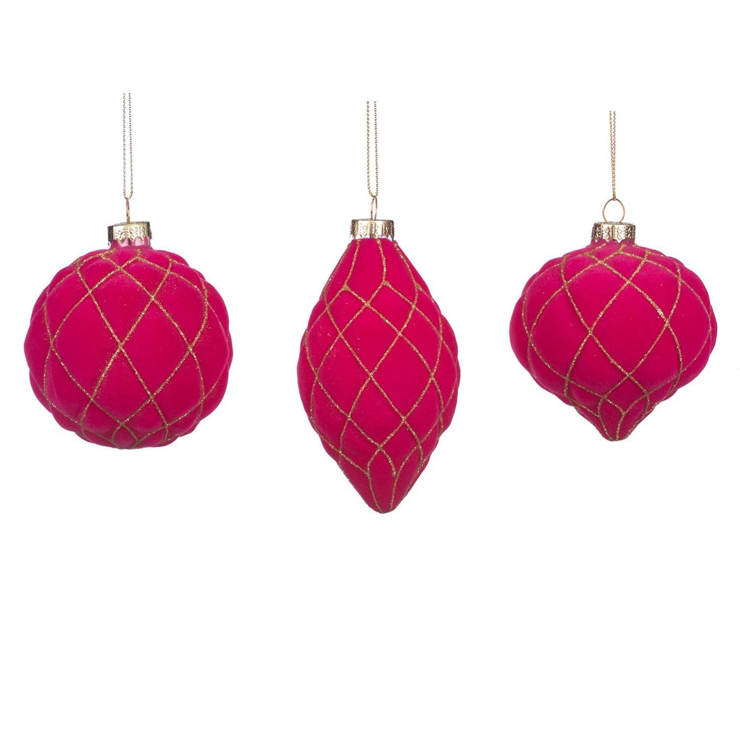 Glass Flocked Glittered 3D Net Ball/Finial Ornament Pink 8Cm, Set/3, Assortment