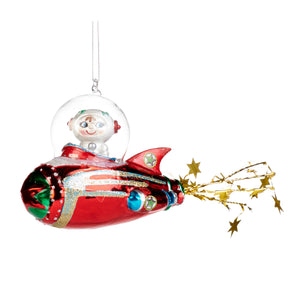 Goodwill Glass Kid In Space Ship/Rocket Ornament Red/Gold 20Cm