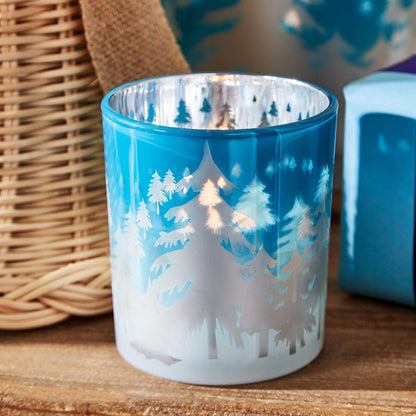 Snowed Forest Set Of 4 Frosted Candleholders w/ Etched Silhouettes in 4 Sizes