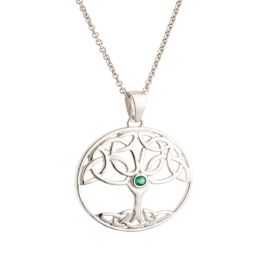 Galway Tree Of Life Green Crystal Silver Pendant 3.2 Gms - Rhodium Plated