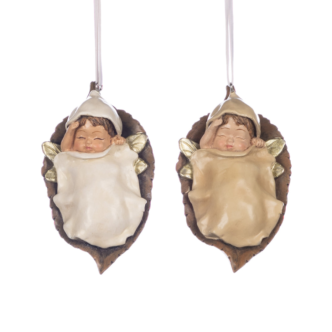 Winter Fairy Baby Sleeping On Leaf Ornament Brown 12Cm, Set Of 2, Assortment