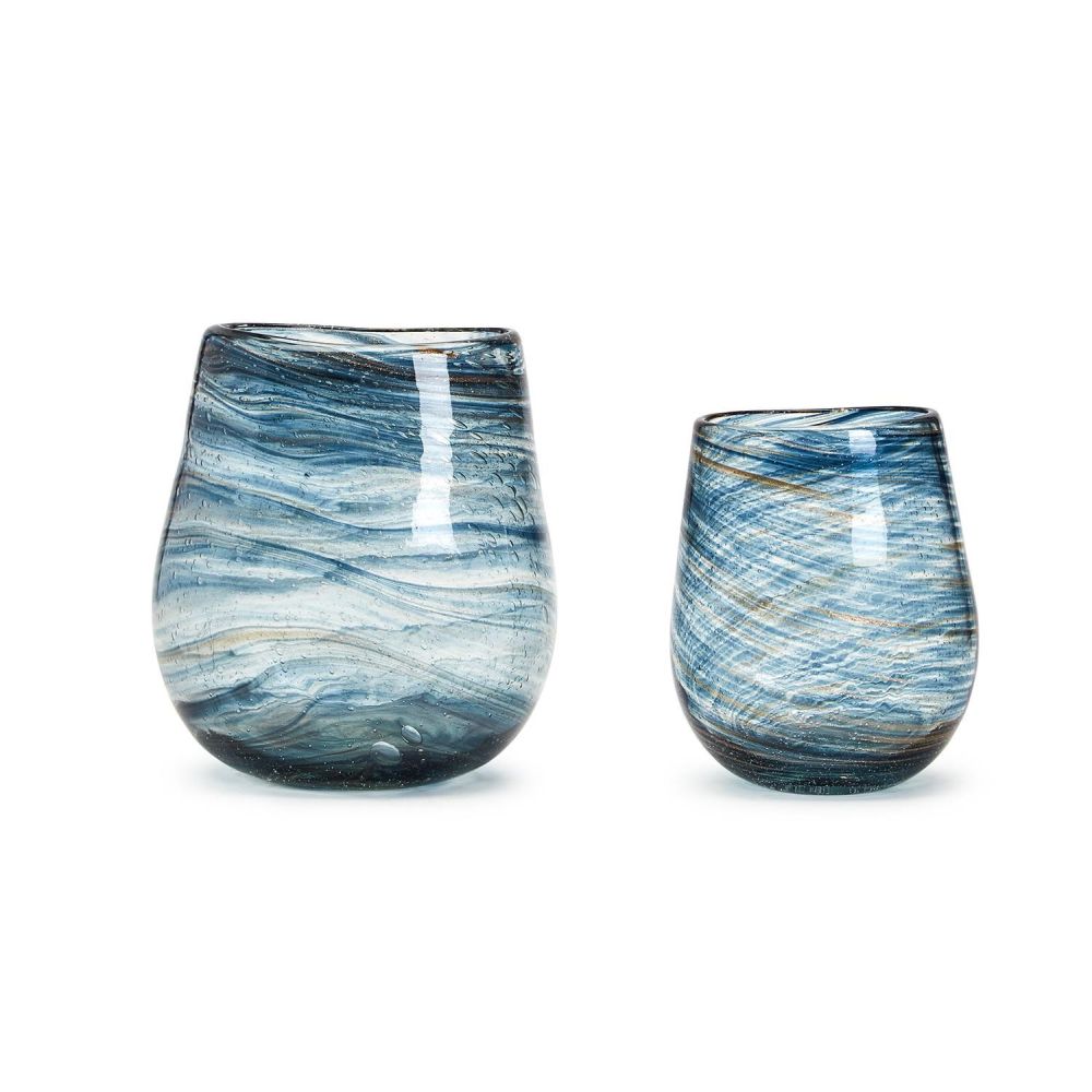 Two's Company Set of 2 Swirled Blue With Hints of Gold Hand Blown Glass Vase
