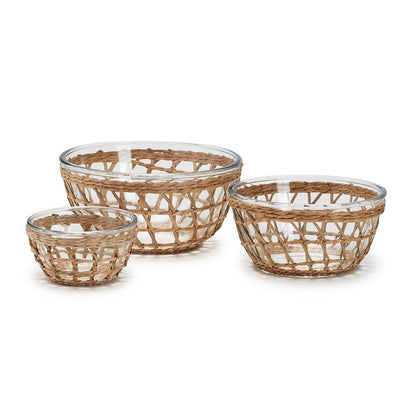 Two's Company Island Chic Set of 3 Borosilicate Glass Bowls w/Hand-Woven Lattice