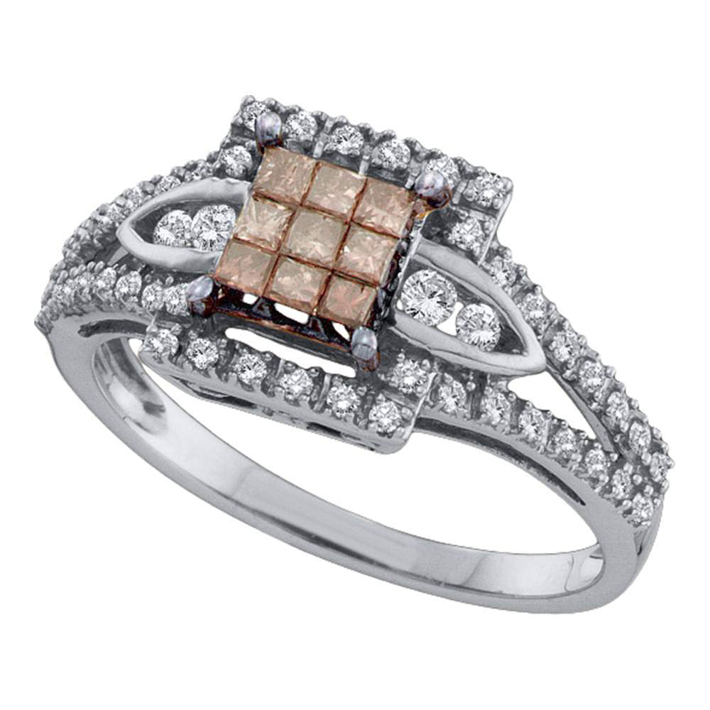 GND 14kt White Gold Princess Brown Diamond Square Cluster Ring 1/2 Cttw, S/7