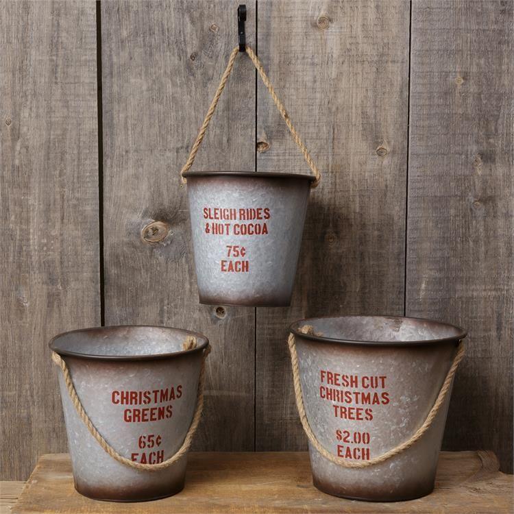 Audrey's Set of 3 Buckets - Rope Handle Sleigh, Christmas, Trees, Metal by Audrey