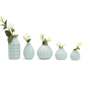 Two's Company Sky Blue S/5 Embossed Cane Webbing Pattern Vases with 5 Styles.