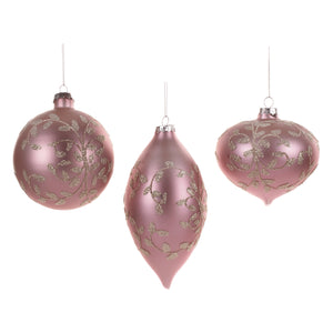 Glass Glittered Vine/Leaf Ball/Finial Ornament Pink 10Cm, Set Of 3, Assortment