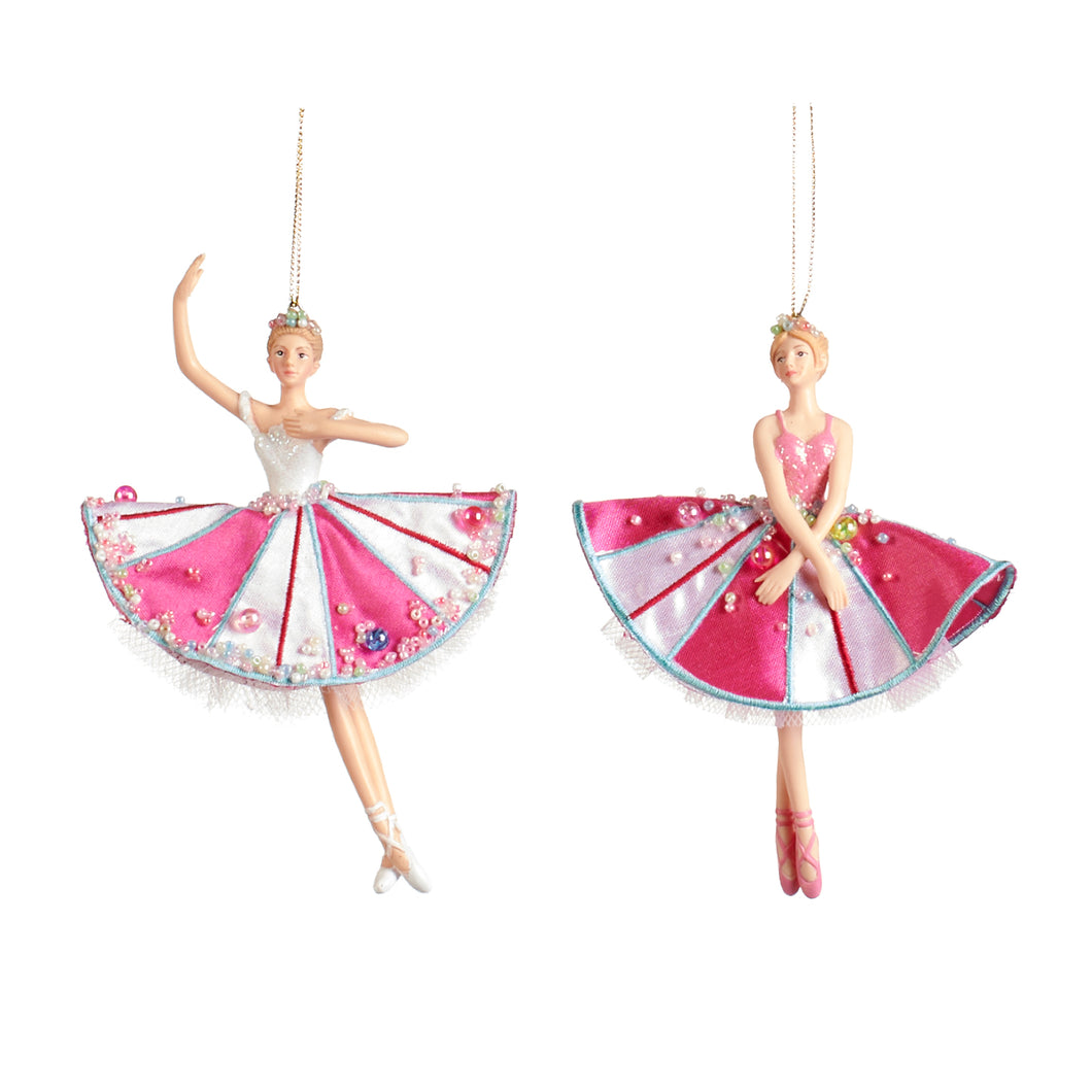 Fabric Beaded Candy Ballerina Ornament Pink/White 17Cm, Set Of 2, Assortment