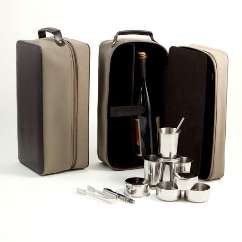 7 Pc Travel Bar Set In Ultra Suede & Brown Leather Case by Bey Berk