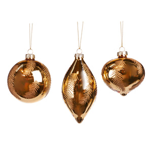 Glass Glittered Plume Ball/Finial Ornament Gold 8Cm, Set Of 3, Assortment