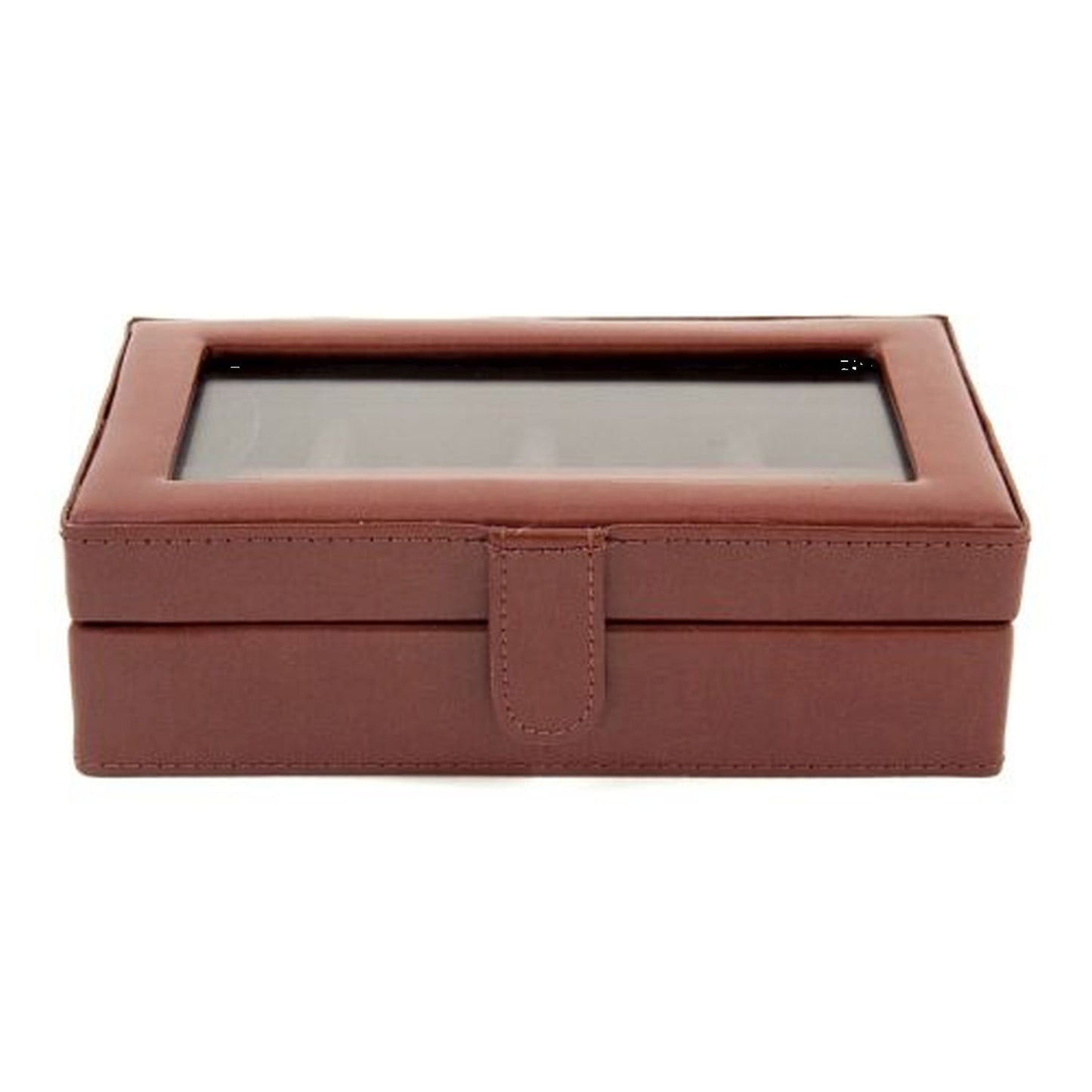 Brown Leather 12 Cufflink Box With Glass Top, Velour Lined
