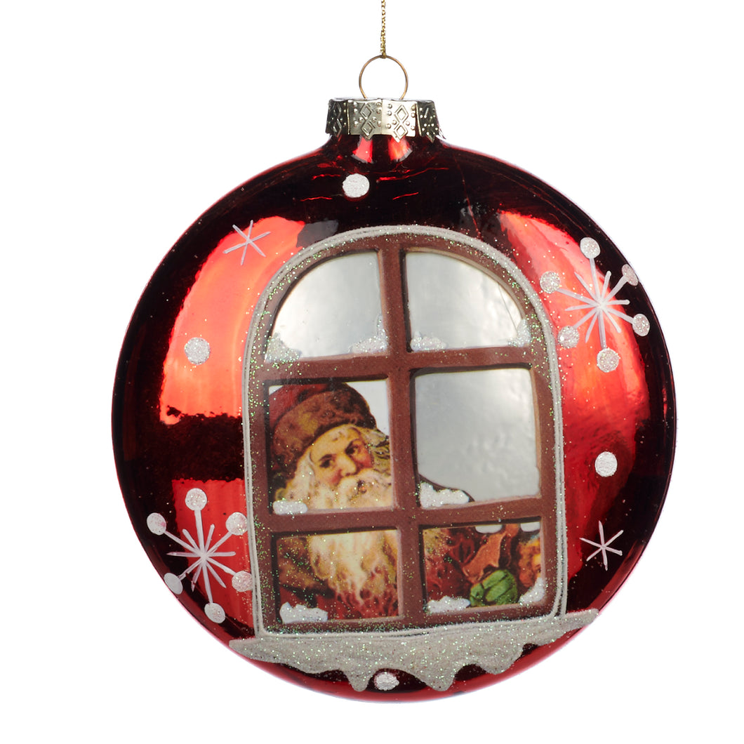 Goodwill Glass Santa Window Round Disc Ornament Red/White 13.5Cm