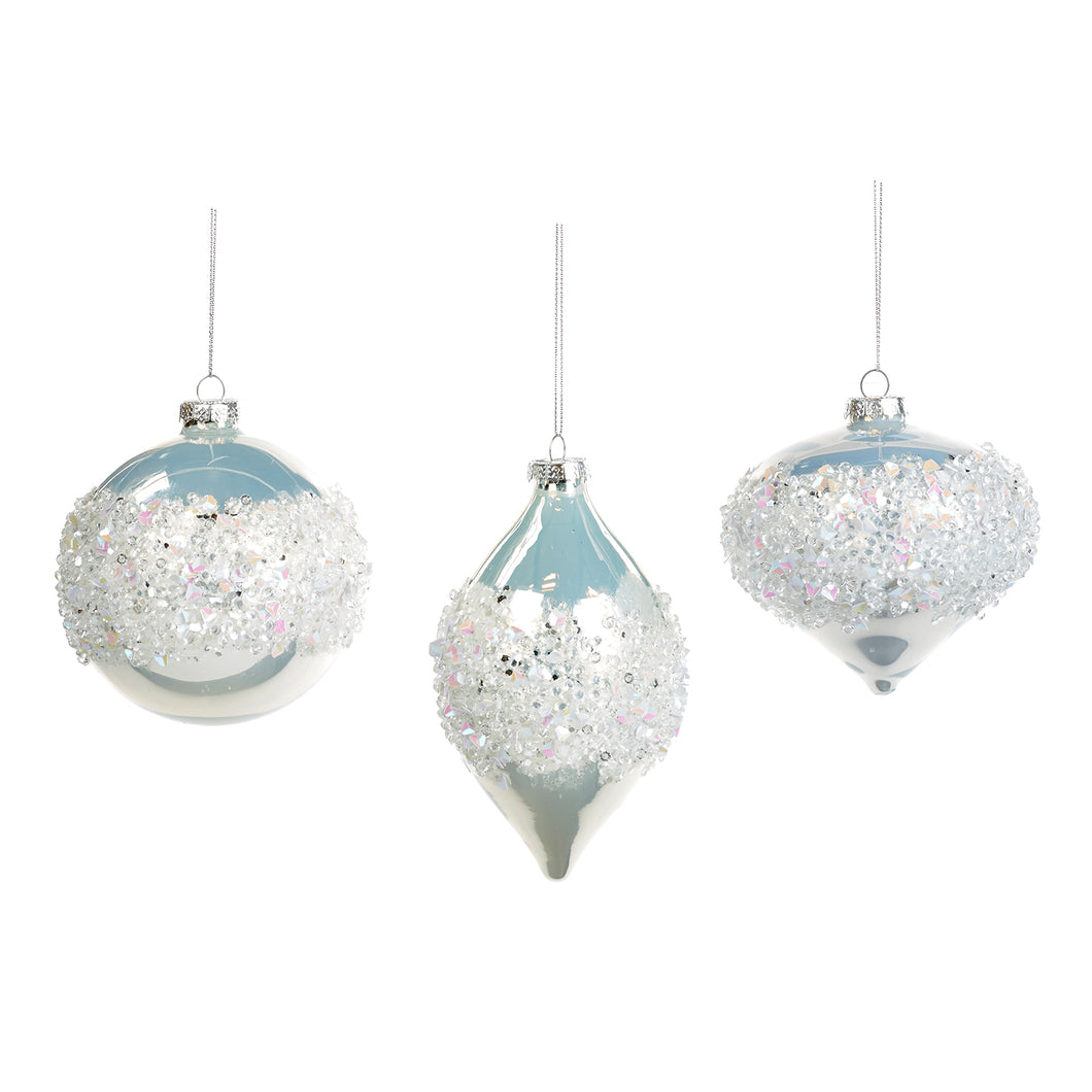 Glass Ir.Jewel Ring Ball/Finial Ornament White 10Cm, Set Of 3, Assortment