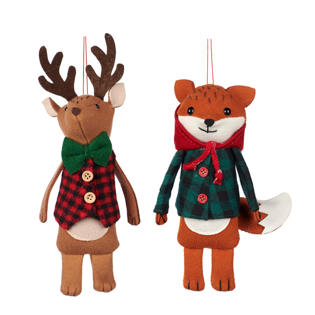 Fabric Woodland Fox/Deer Ornament Brown/Green 20.5Cm, Set Of 2, Assortment