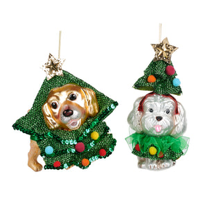 Glass Dog In Christmas Tree Costume Ornament Green 19.5Cm, Set Of 2, Assortment