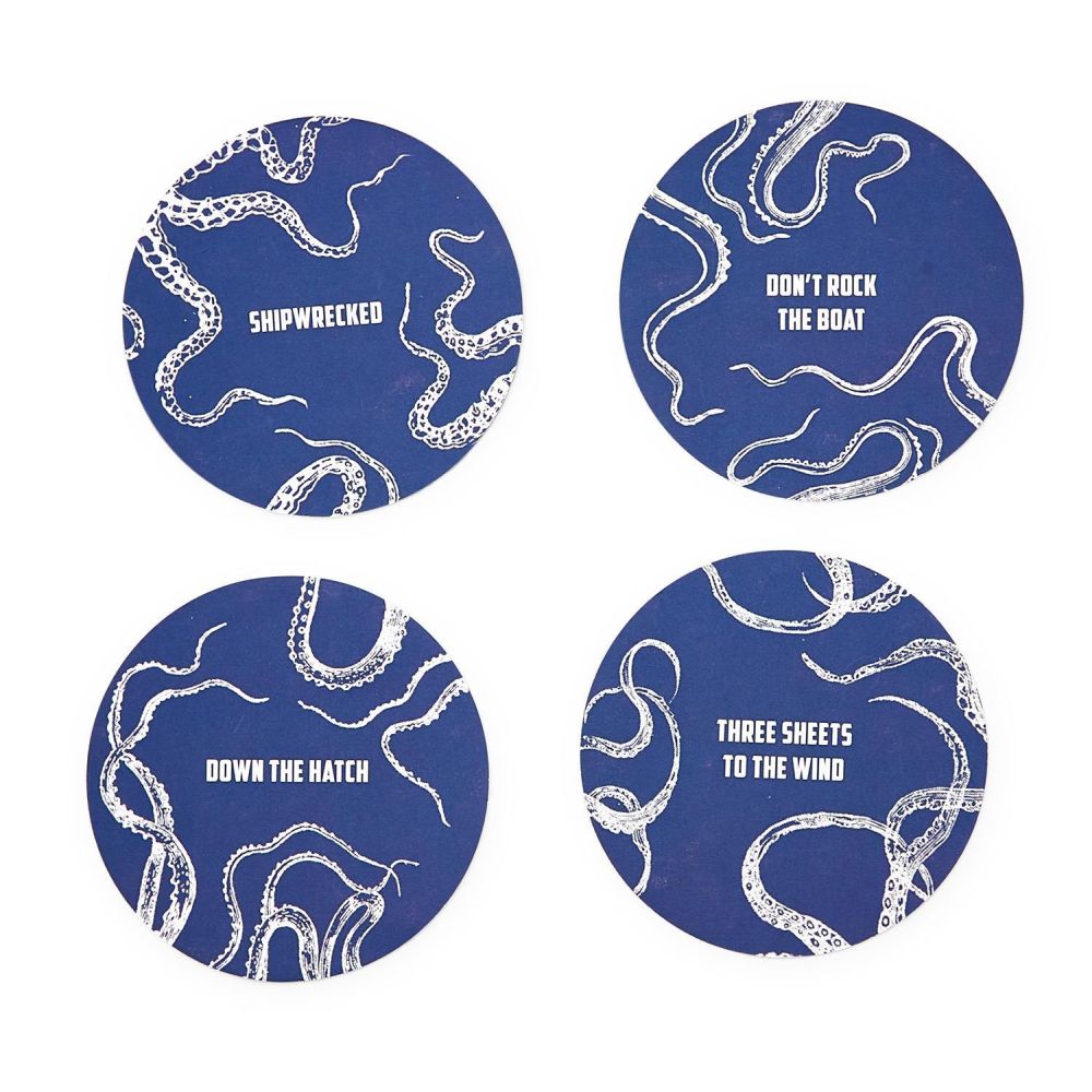 Two's Octopi Set of 40 Heavyweight Paper Coasters In Gift Box with 4 Designs