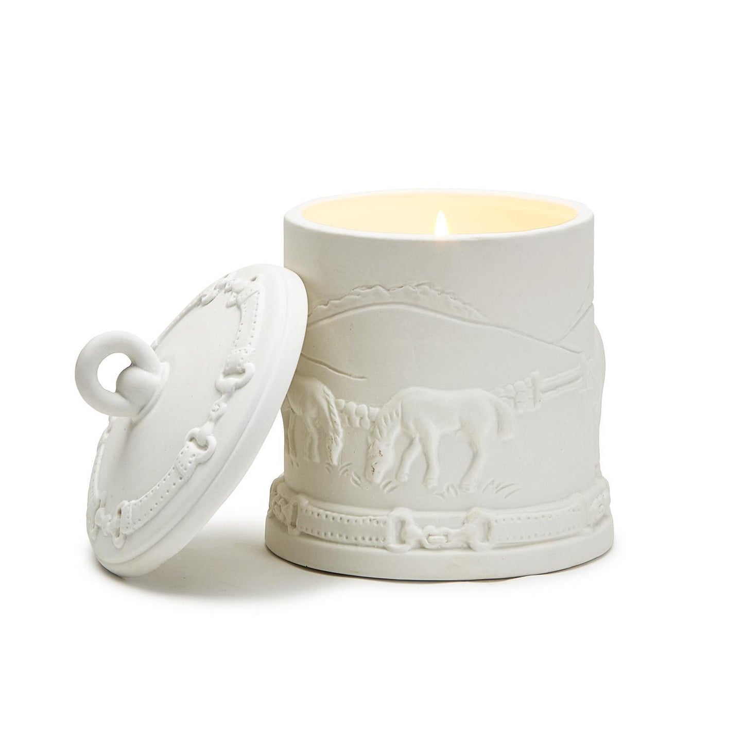 Equus Cedar & Leather Scent Bisque Lidded Candle with Relief Pattern.