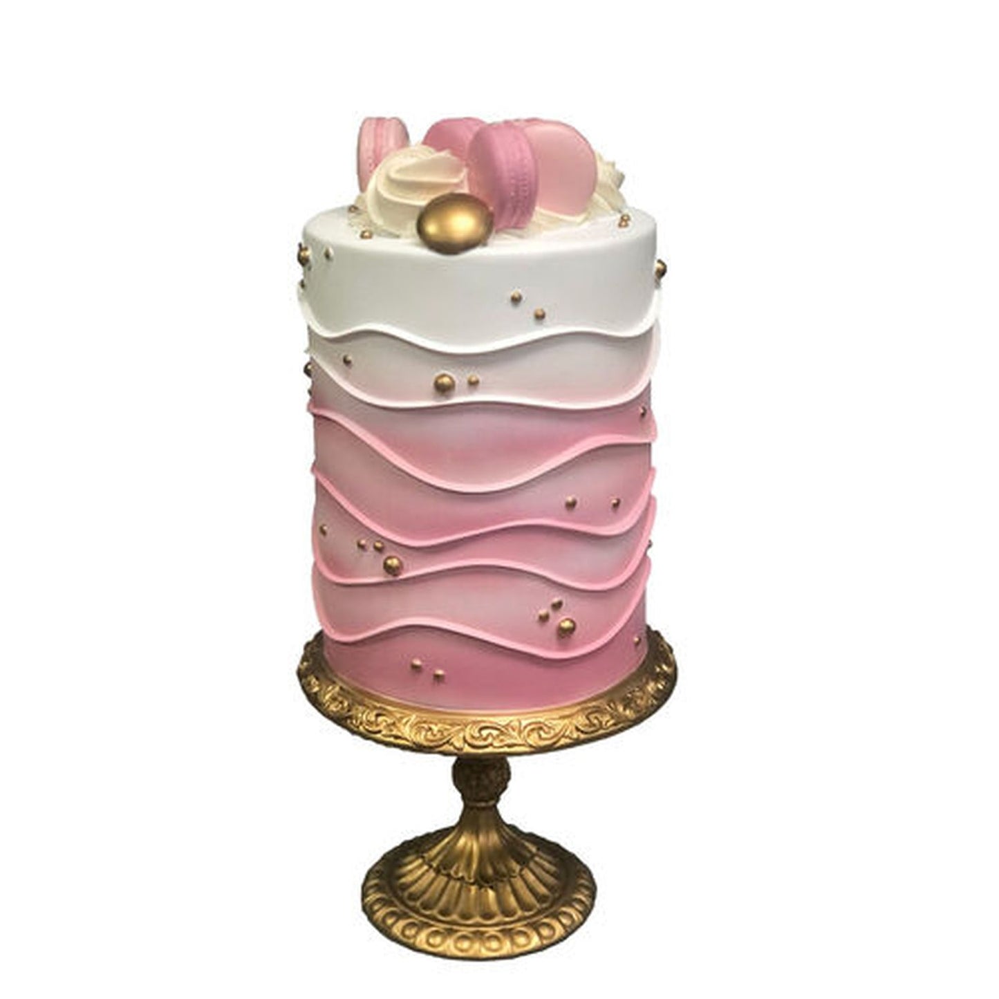 December Diamonds Spring Confections 20" Pink Cake With Macaron On Gold Pedestal