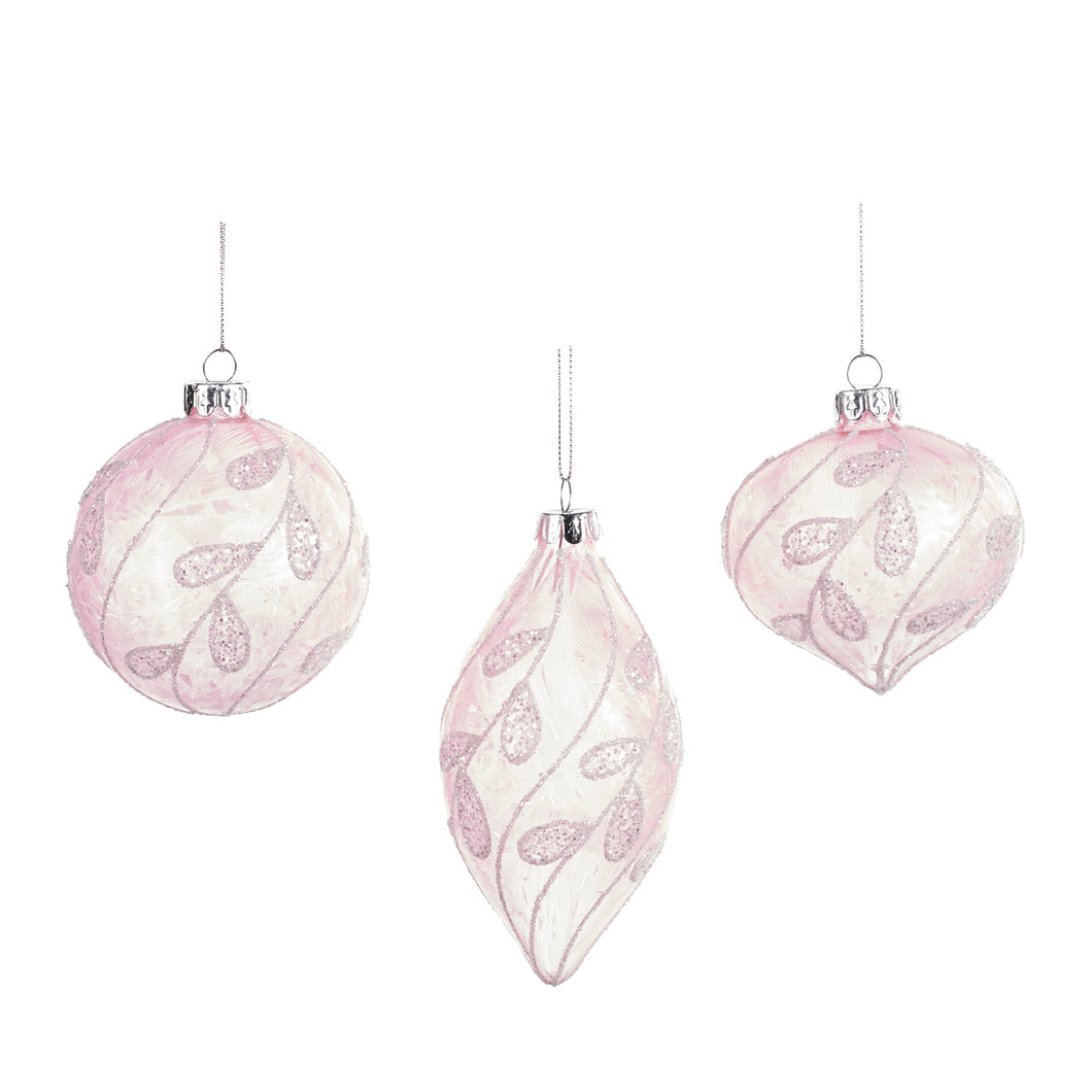 Glass Frosted Leaf Swirl Ball/Finial Ornament Pink 8Cm, Set Of 3, Assortment